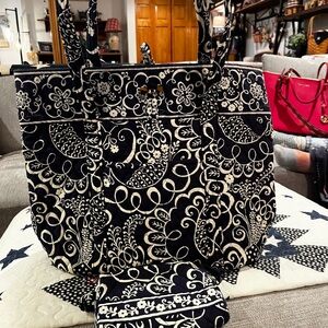 Vera Bradley twirly bird navy blue tote and matching cosmetic bag